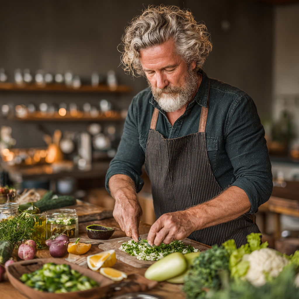 Активний чоловік 58 років з сивиною готує веганський салат, на столі різноманітні овочі та зелень