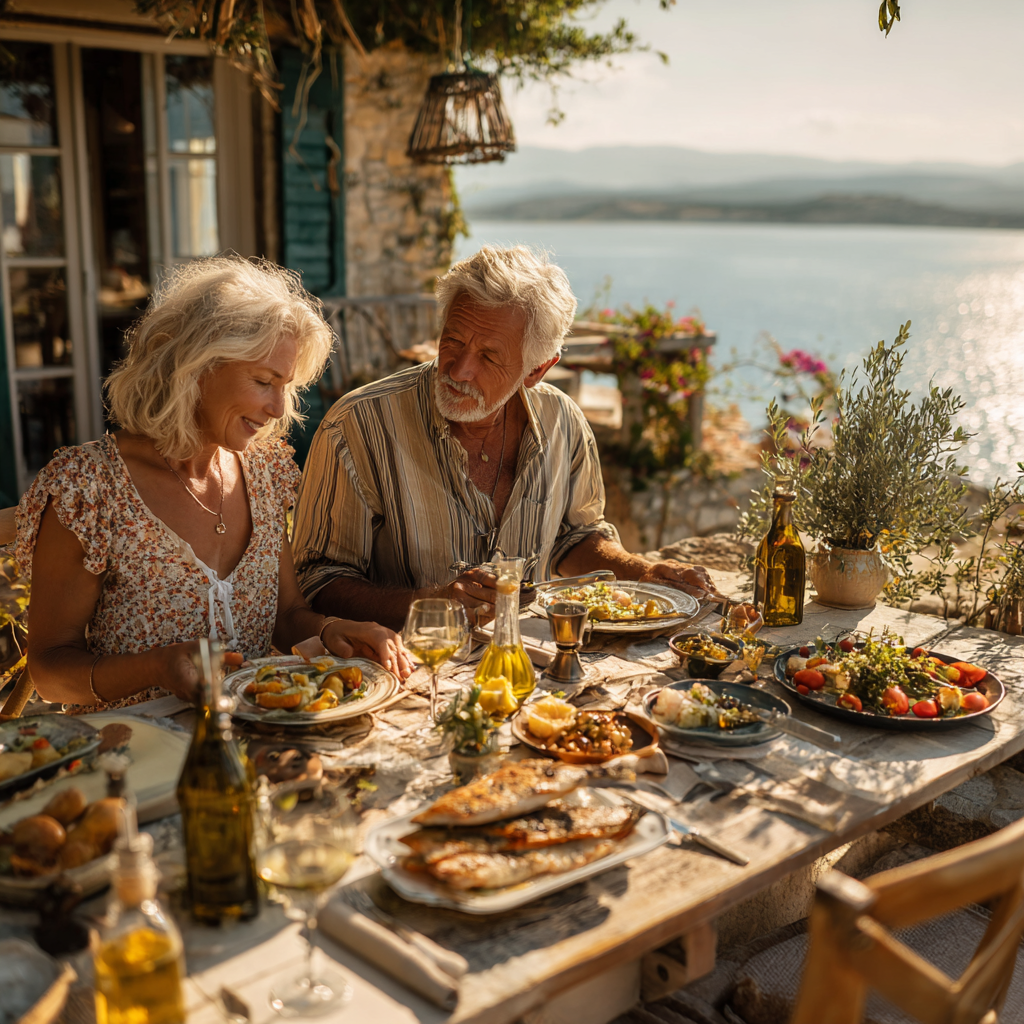 Пара 52-54 роки насолоджується середземноморським обідом на терасі, на столі оливкова олія, риба та овочі