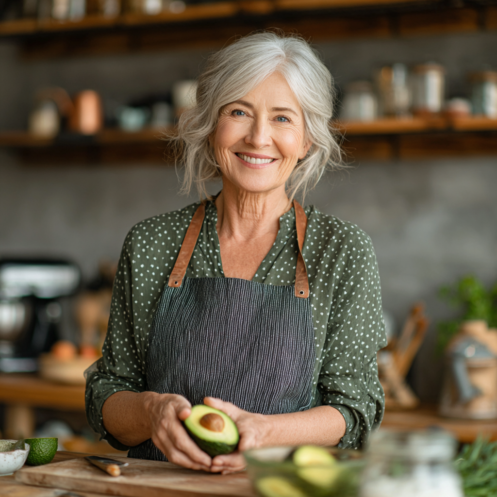Зріла жінка 55 років готує кетогенні страви на кухні, усміхається та тримає авокадо
