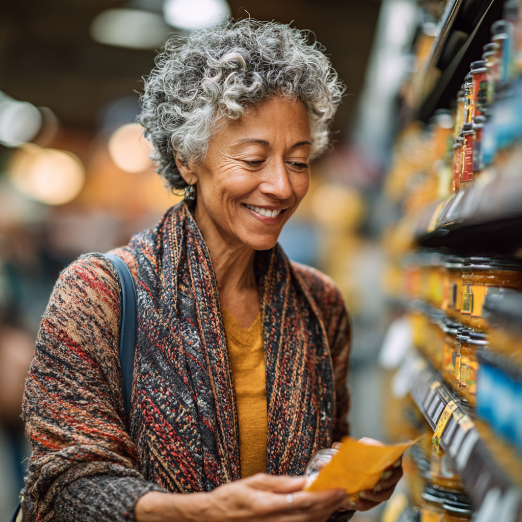 Жінка 56 років читає етикетки безглютенових продуктів у магазині, виглядає задоволеною та здоровою